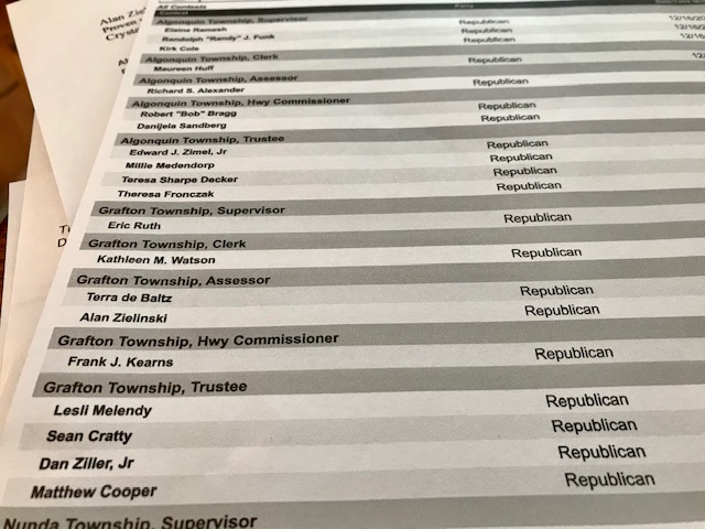 Consolidated Primary Races in Grafton, Nunda, and Algonquin Townships listed on this sheet from the McHenry County Clerk’s Office.