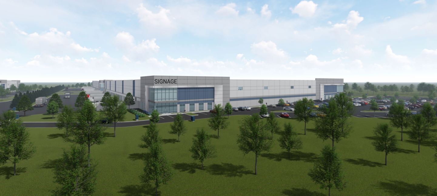 Concept art by Huntley Investment Partners LLC of the future warehouse or distribution center located at the site of the former Huntley Outlet Center