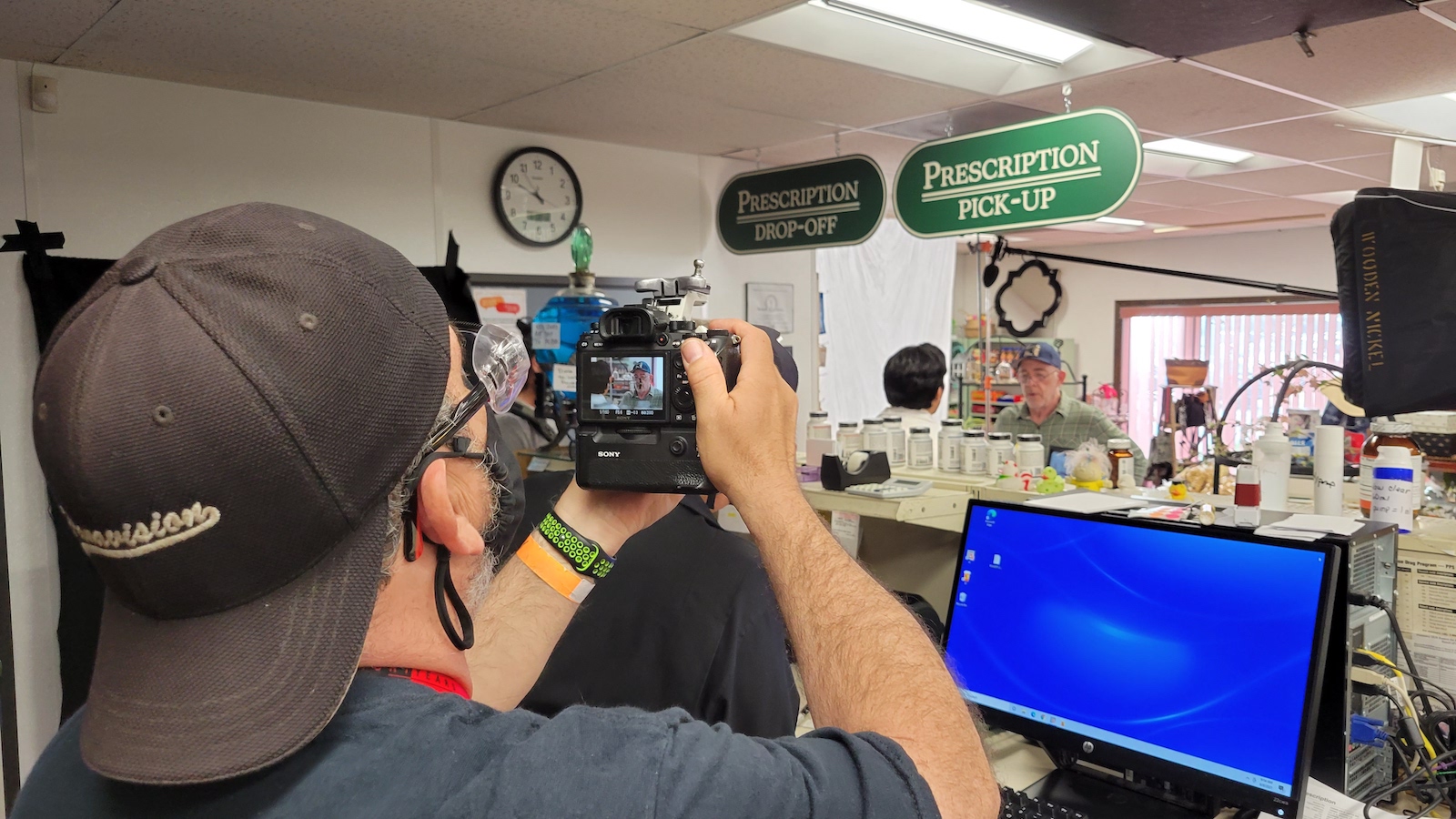 Behind-the-scenes look at Oscar winning actor J.K. Simmons filming a scene in on location in Wauconda Pharmacy.