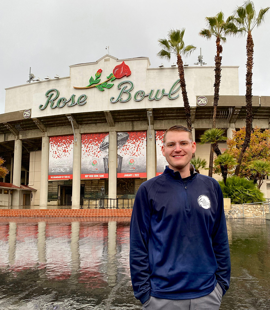 Martin Elementary School band director Jake Walker poses on location during the Tournament of Roses Parade in Pasadena, CA.