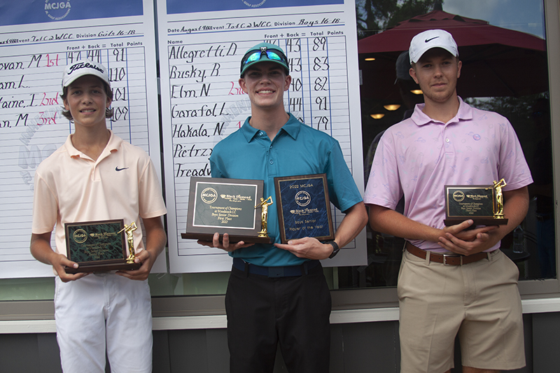 McHenry County Jr. Golf Association players won plaques for top three finishes at the tour of champions Aug. 4 at Woodstock Country Club. Boys age 16-18 winners were, from left: Nate Elm, Huntley High School, tied for second; champion Nooa Hakala, Huntley High School and Eric Pietrzyk, Cary-Grove, tied for second place.