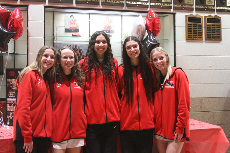 Huntley Class of 2024 girls basketball team members were recognized for their dedication on senior night Jan. 31 at HHS. Seniors are, from left, Kylie Lucas, Mia Garlin, Yasmine Morsy. Cassidy Serpe and Liz Johnson.