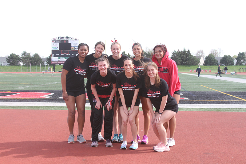 Huntley girls track and field seniors gathered at senior night festivities April 22. Front row from left: Holly Fritz, K'Leigh Saenz and Alyssa Keaty. Back row: Jazzarea Thompson, Gianna Howard, Addison Raistrick, Vicky Evtimov and Sophie Amin.