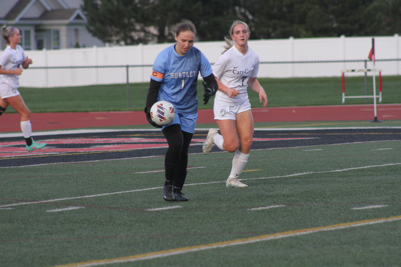 Huntley senior goalie Maddie Lackovic made eight saves in a 1-1 tie against Cary-Grove in Fox Valley Conference girls soccer action April 30.